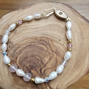 Freshwater Pearl Rose Quartz Gold color Bead Aurora Borealis AB Crystal Bracelet